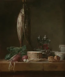 Stilleben med fisk, grøntsager, gougères, gryder og cruets på et bord